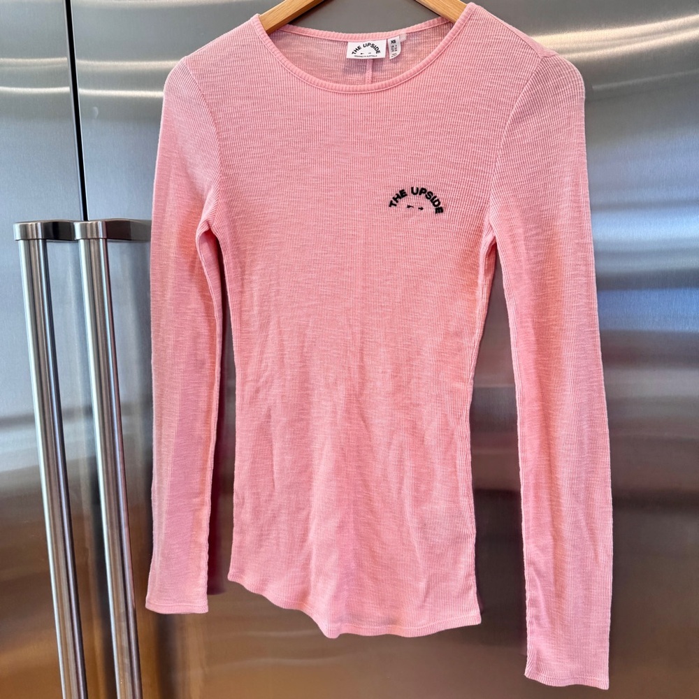 NEW The Upside Chrissy Ribbed Long Sleeve Thermal Top in Pink Embroidered Logo
